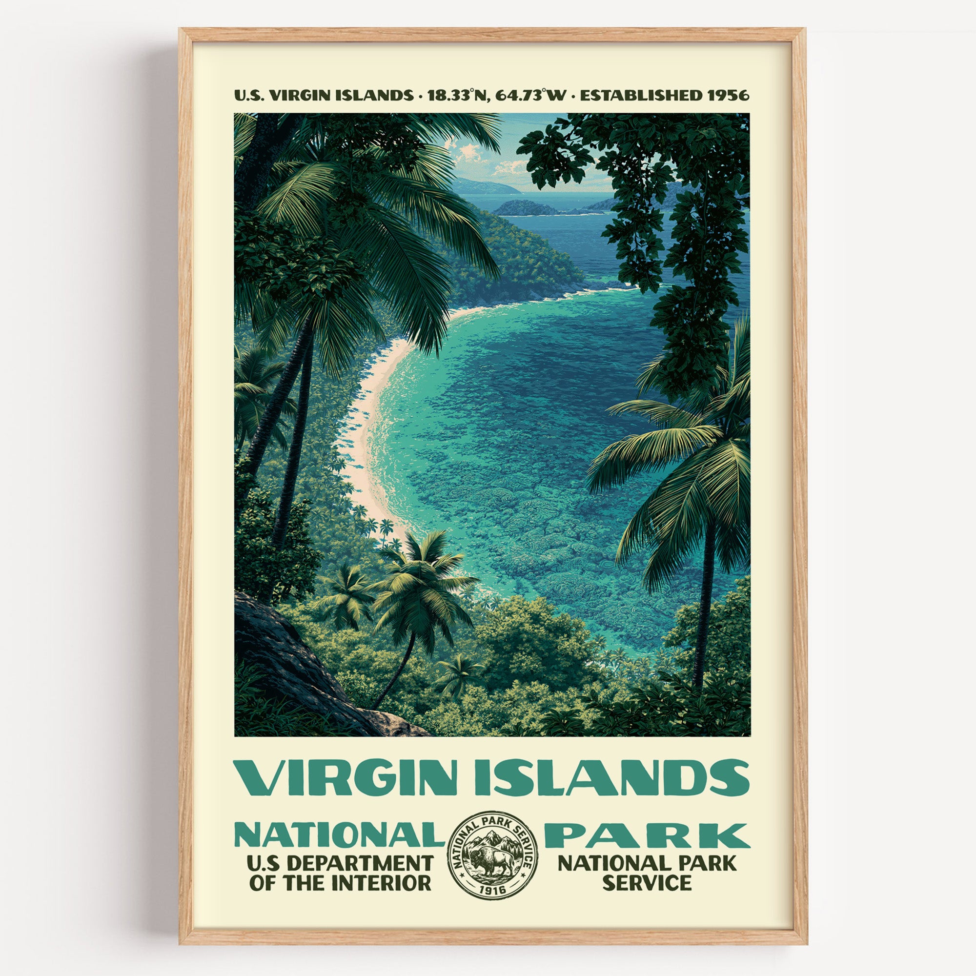 Virgin Islands National Park vintage WPA poster in a wood frame, Trunk Bay's curving white beach seen through palm fronds