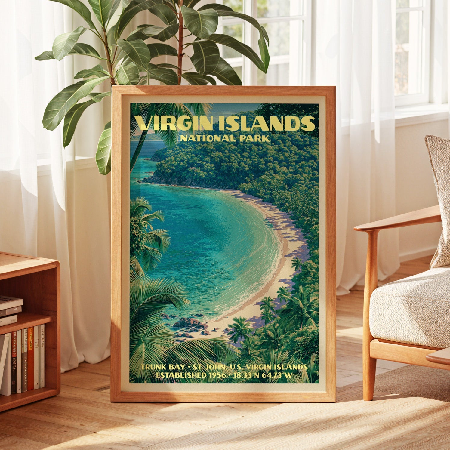 Virgin Islands beach print in oak, leaning by a sunlit window with sheer curtains and a low bookshelf