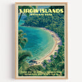 Trunk Bay Virgin Islands National Park vintage print in a light oak frame on a plain white wall