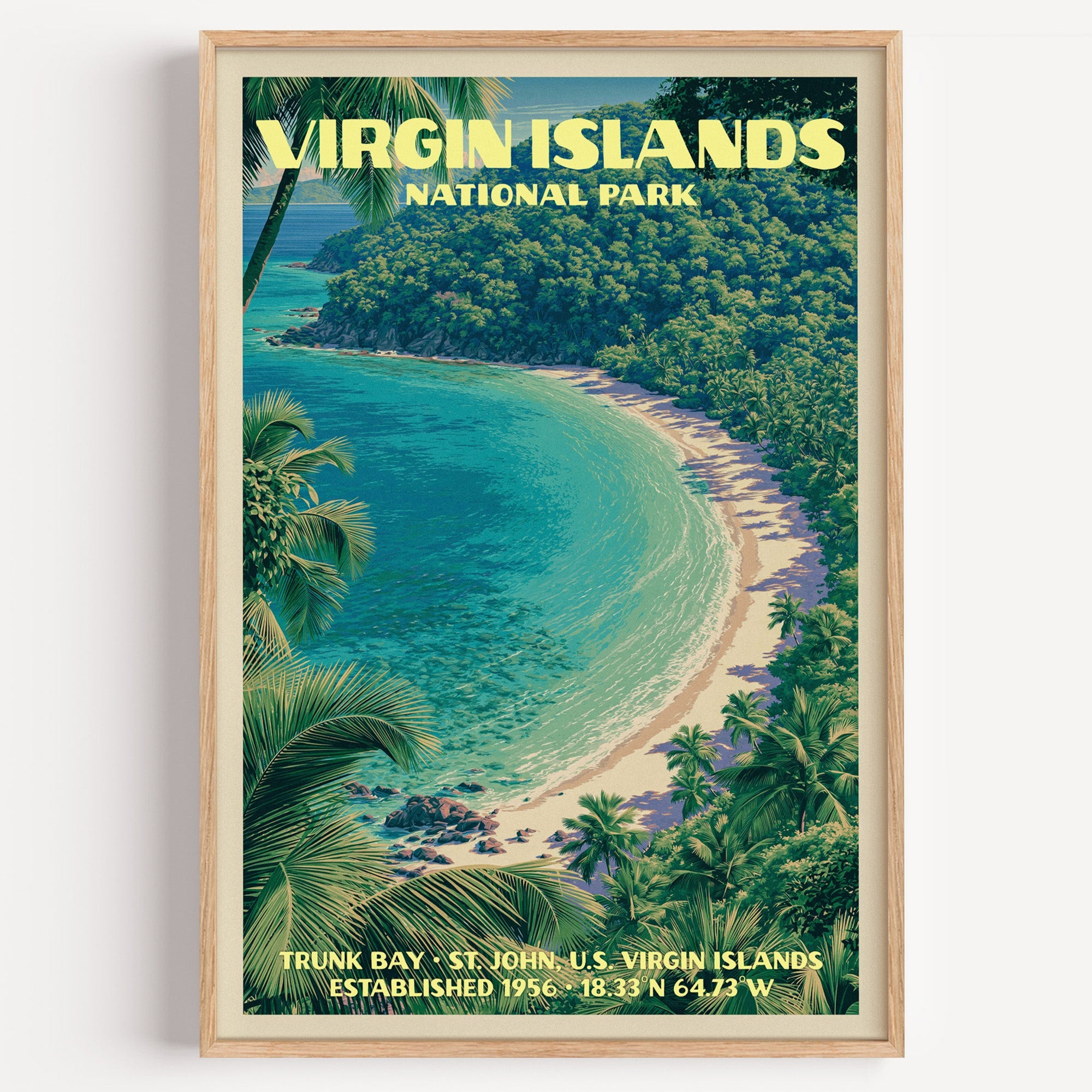 Trunk Bay Virgin Islands National Park vintage print in a light oak frame on a plain white wall