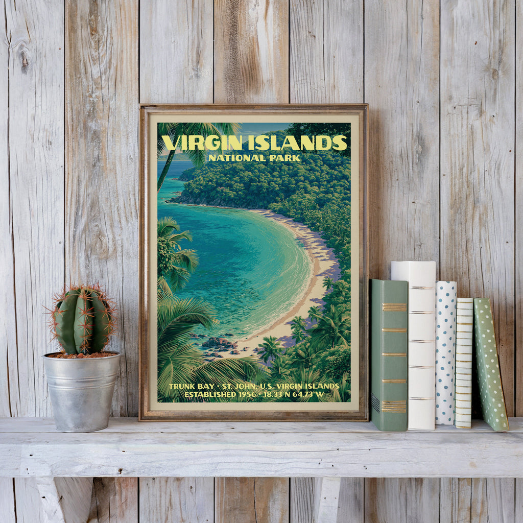 Trunk Bay beach print in a slim gold frame on a whitewashed plank wall beside a cactus and pastel books