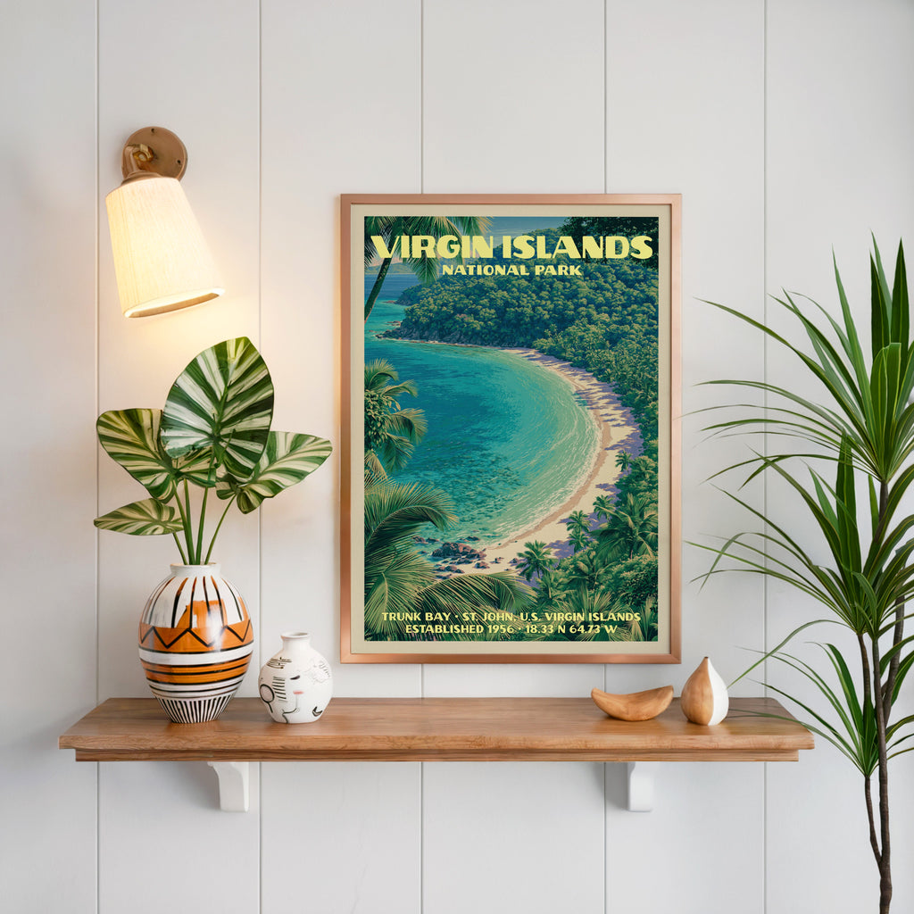 Trunk Bay Virgin Islands print framed on white panelling above an oak shelf with a patterned vase