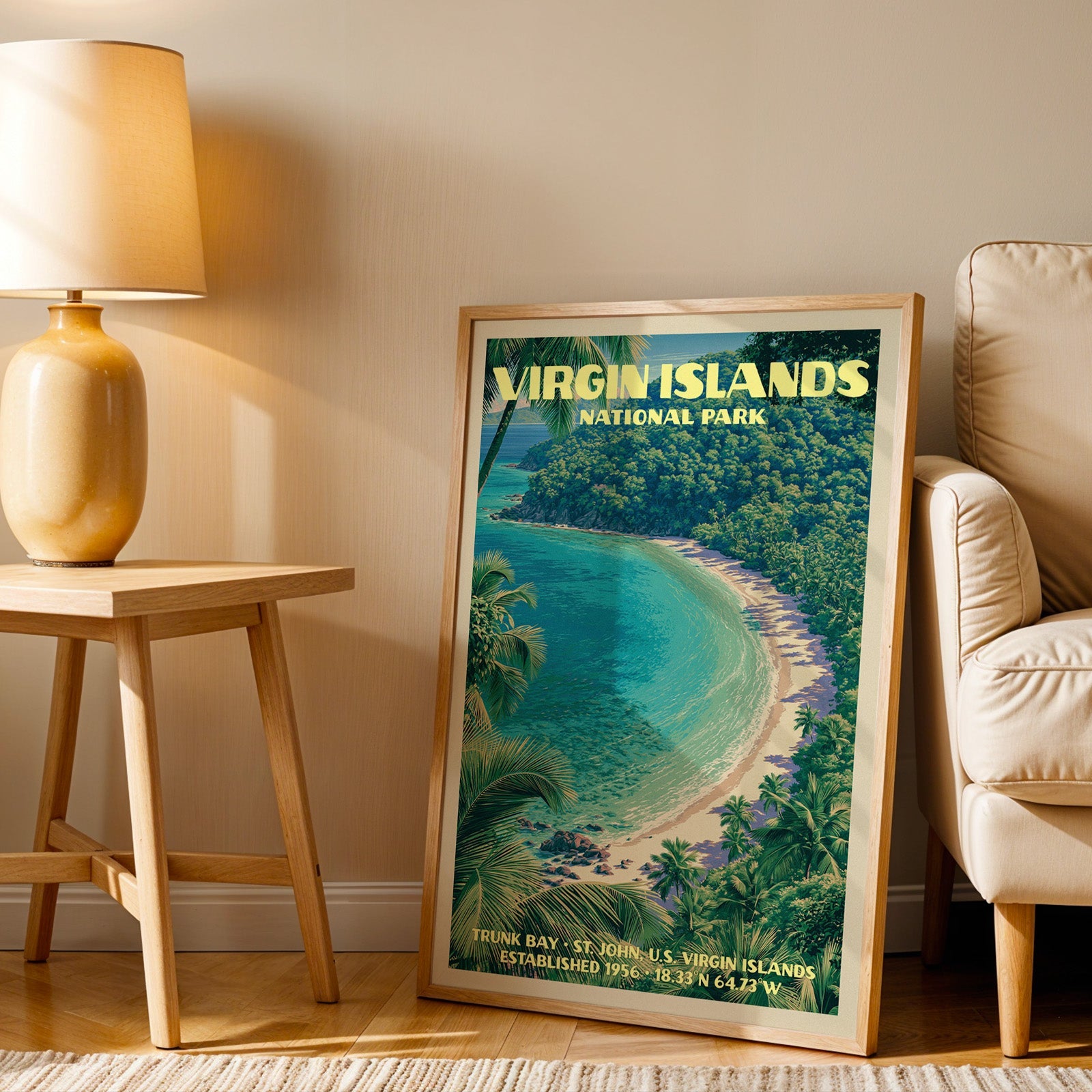 Trunk Bay Virgin Islands wall art in oak, leaning by an armchair and a side table with an ochre lamp