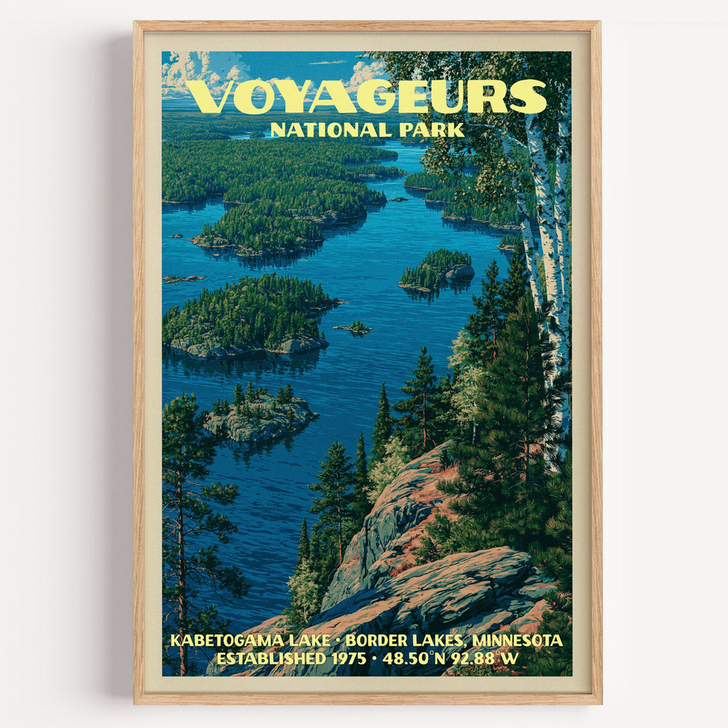 Kabetogama Lake Voyageurs National Park vintage print in a light oak frame on a plain white wall
