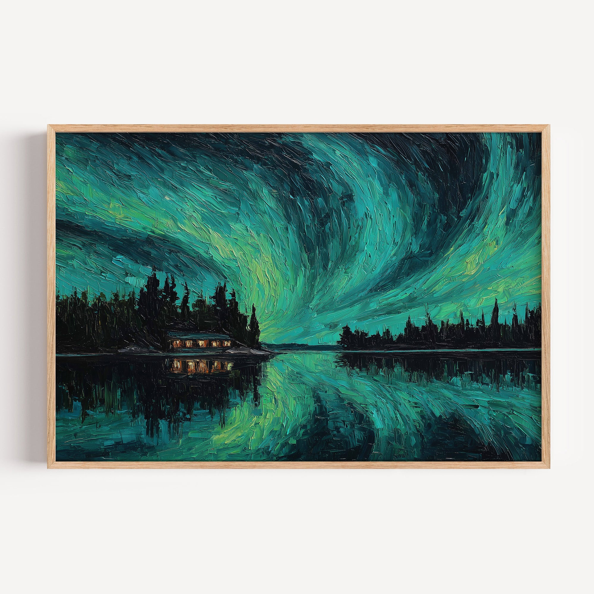 Voyageurs National Park oil painting print in an oak frame: northern lights over a still lake