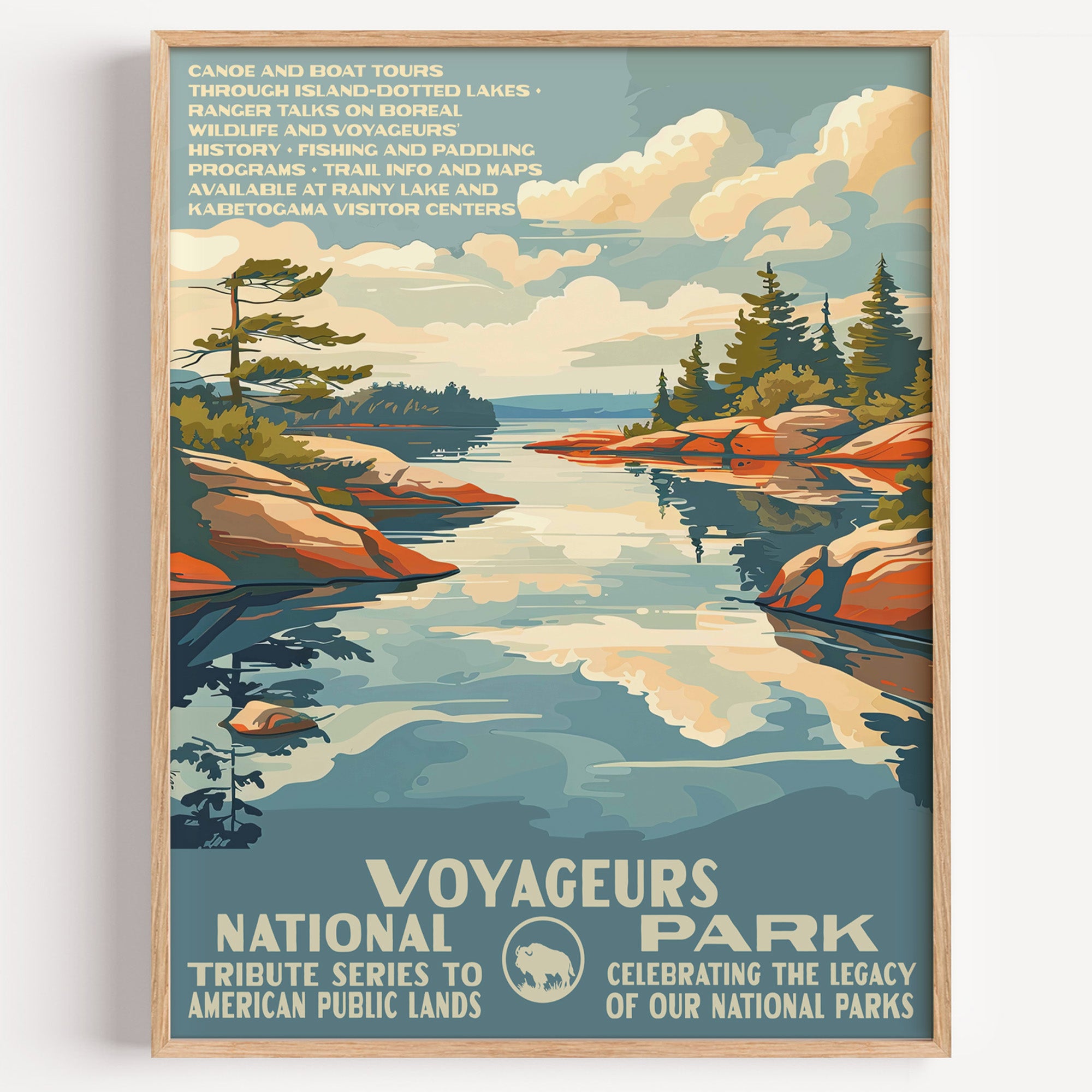 Voyageurs National Park wall art print in a thin wood frame, a rocky pine-topped island on a still northern lake