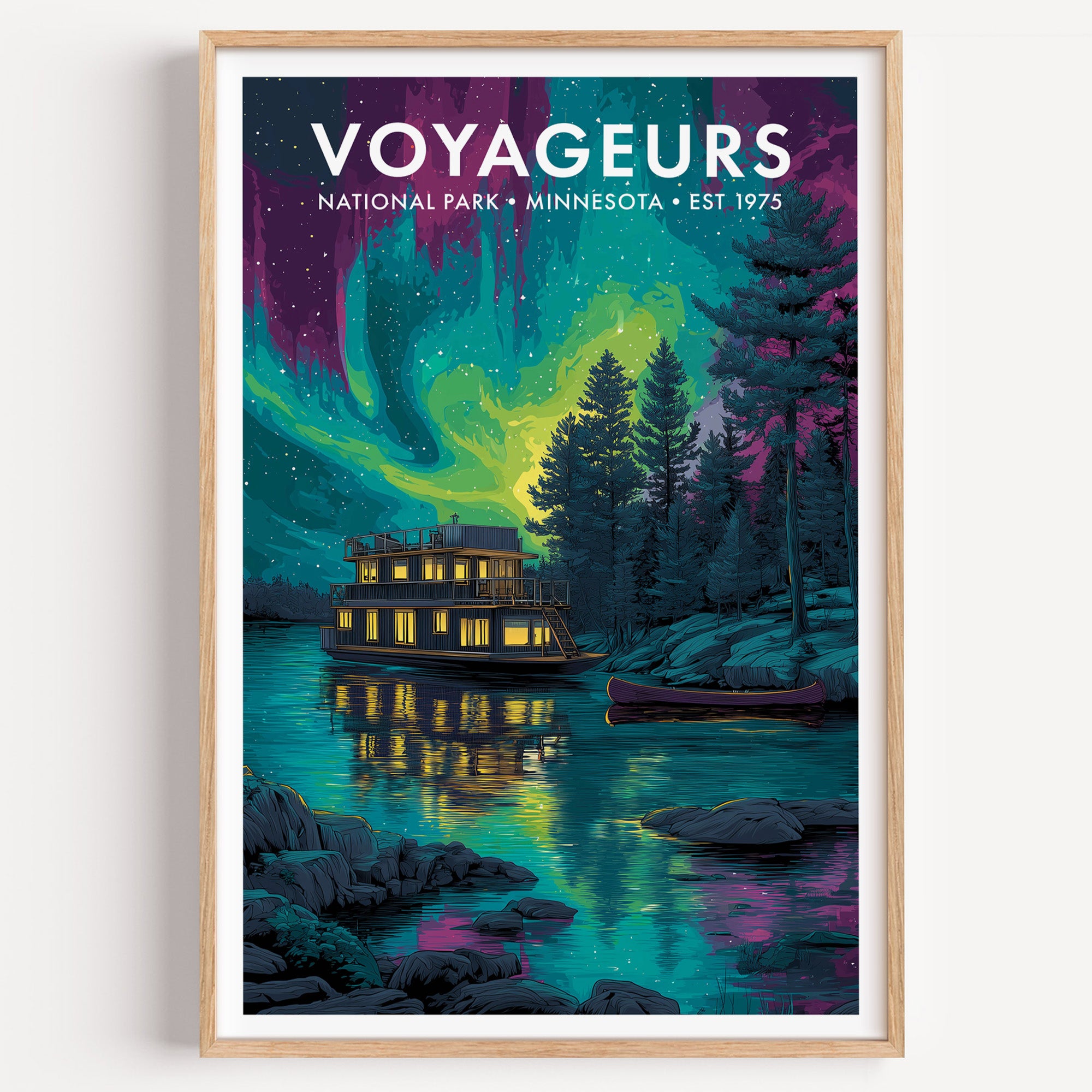 Voyageurs National Park mid-century modern art print — aurora rippling violet and green over a still boreal lake