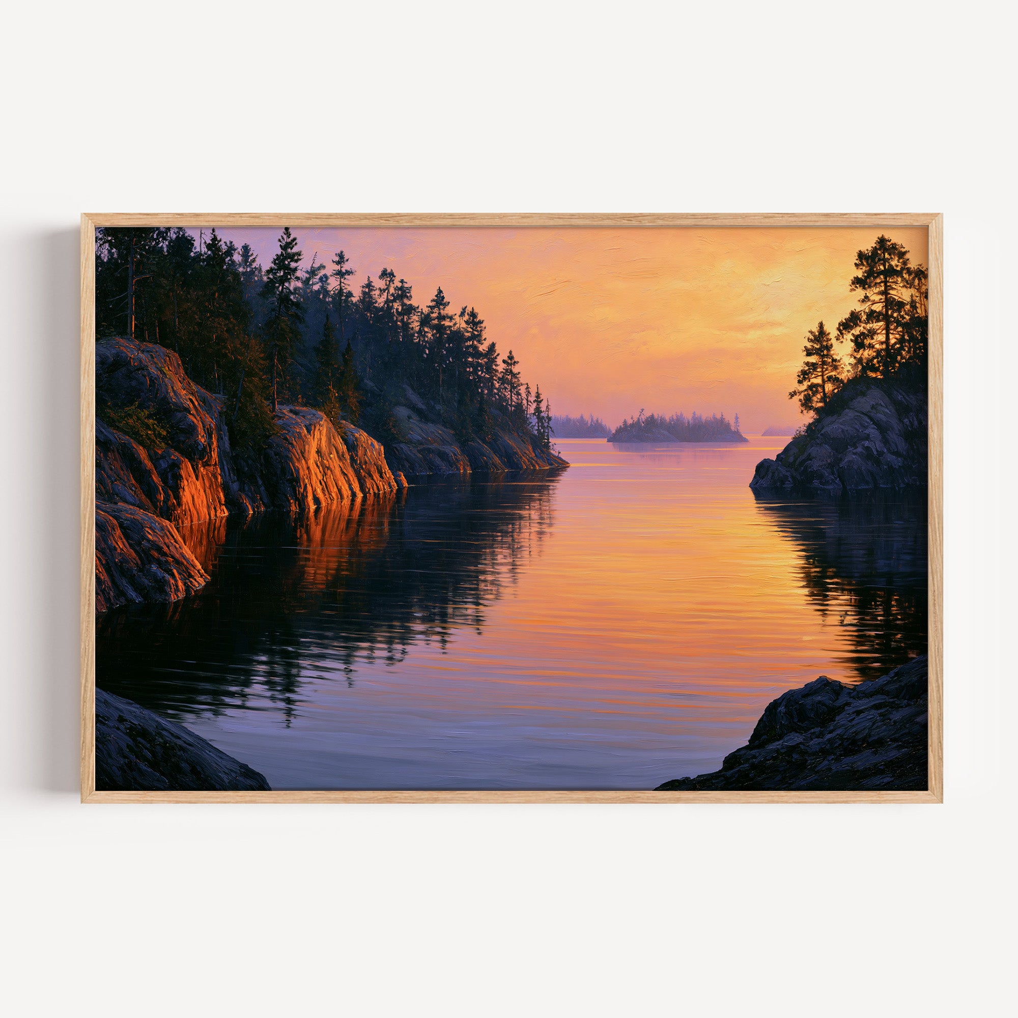 Voyageurs National Park classical oil painting print in an oak frame: an orange sunset over a lake