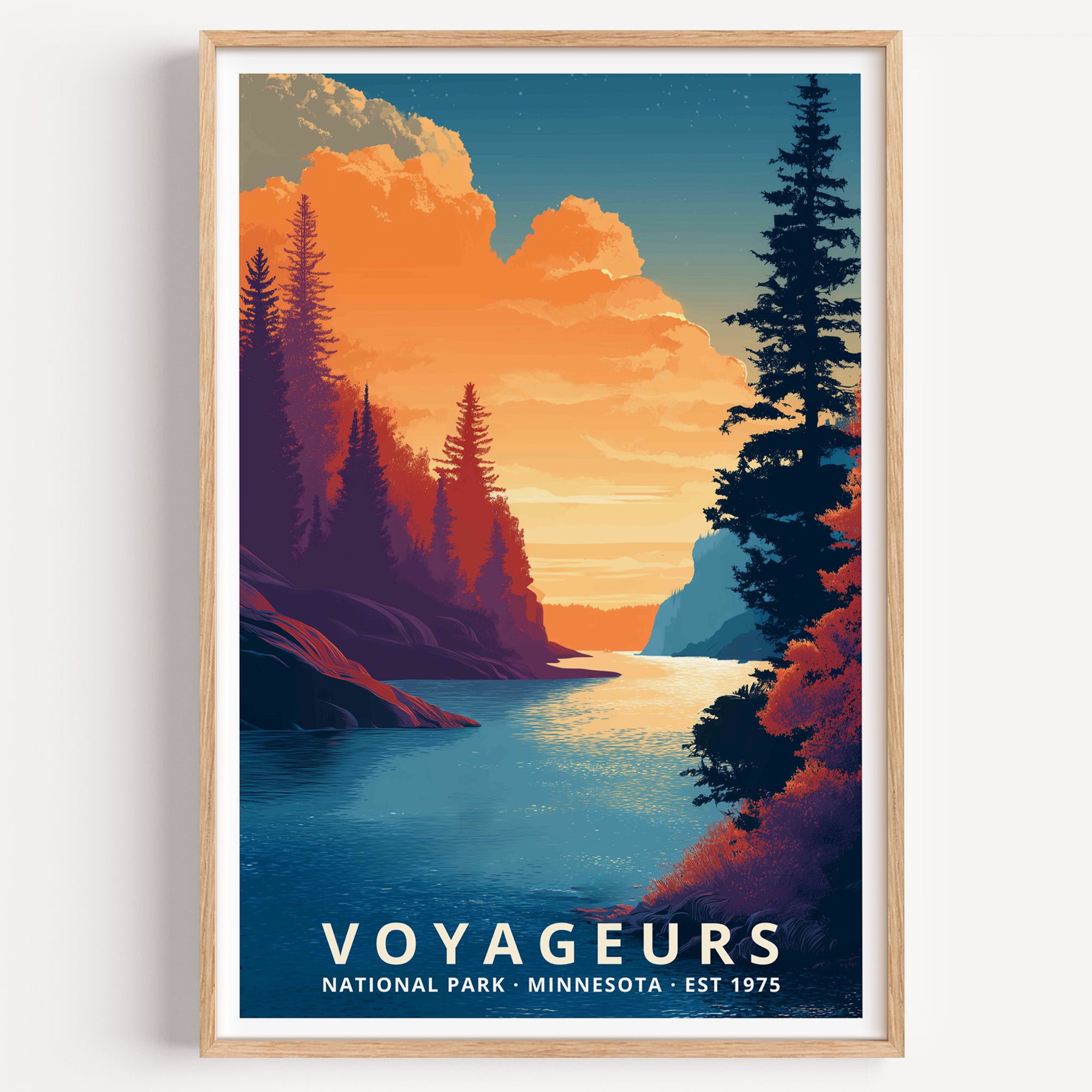 Voyageurs National Park retro travel poster — pines silhouetted against a fiery orange sunset over northern lakes, Minnesota