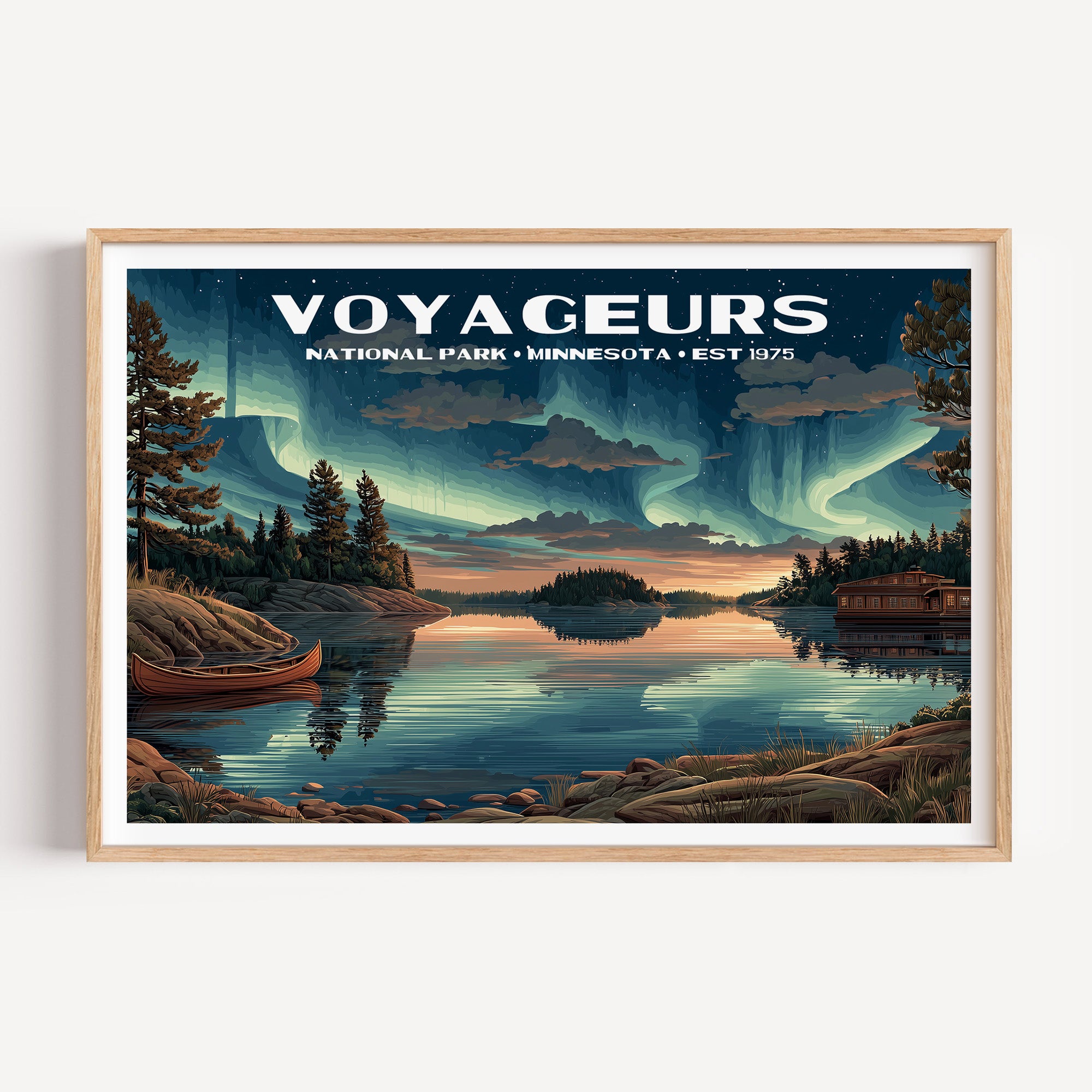 Green aurora over a still lake with a red canoe on the rocky shore and a houseboat — Voyageurs National Park vintage WPA travel poster print
