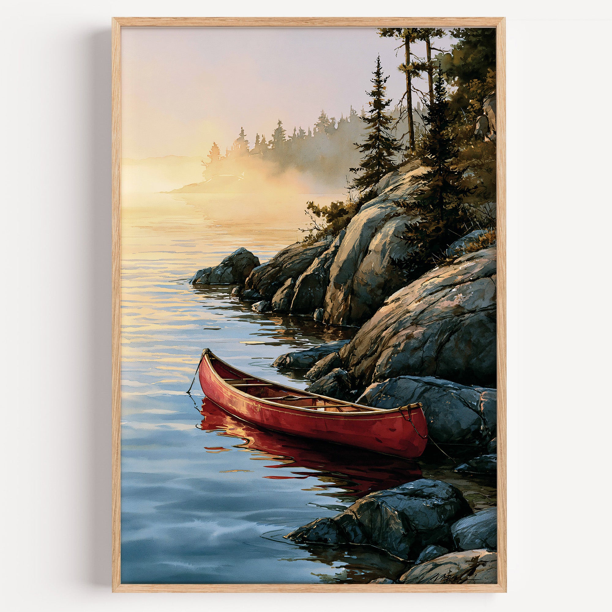 Voyageurs National Park watercolor art print: red canoe on a rocky shore beside a misty golden lake at sunrise