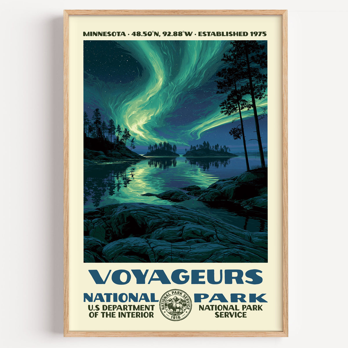 Voyageurs National Park vintage WPA poster in a wood frame, northern lights rippling green over a still boreal lake