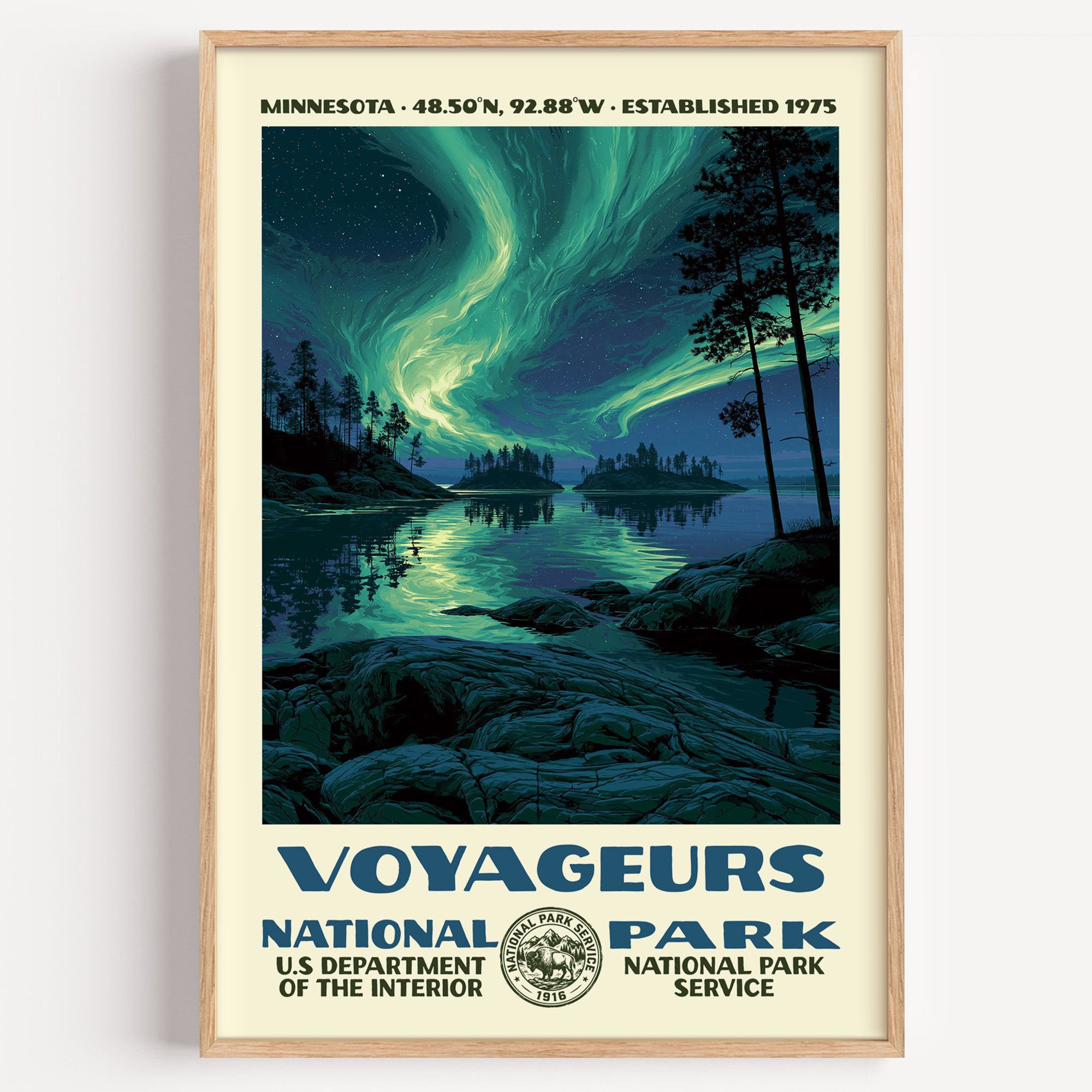 Voyageurs National Park vintage WPA poster in a wood frame, northern lights rippling green over a still boreal lake