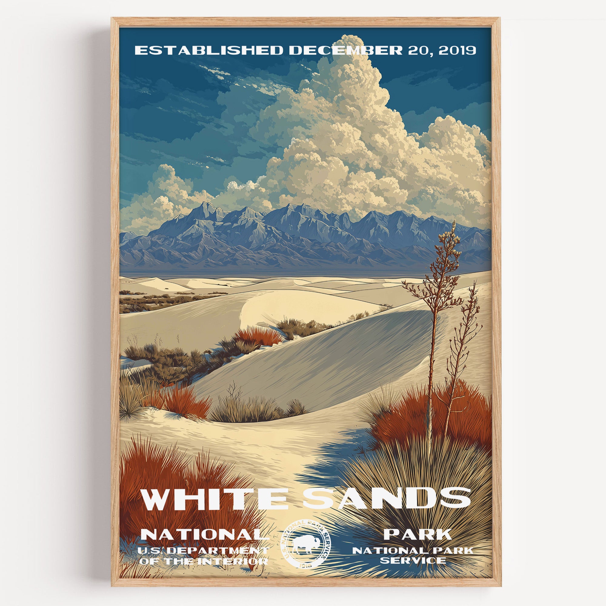 White Sands National Park vintage travel poster in a wood frame, white gypsum dunes rolling toward distant blue mountains