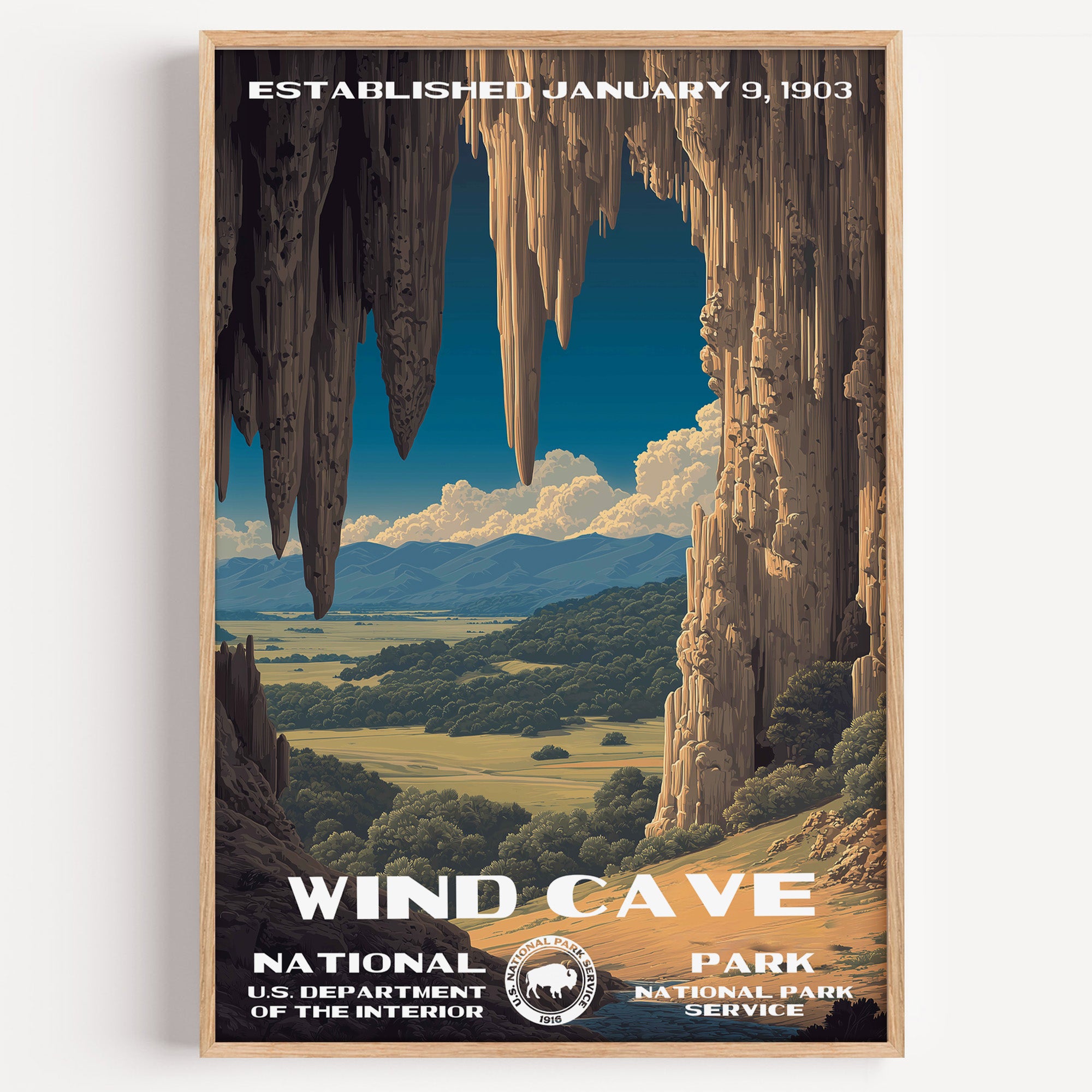 Wind Cave National Park vintage travel poster in a wood frame, the cave interior opening out onto the sunlit prairie beyond