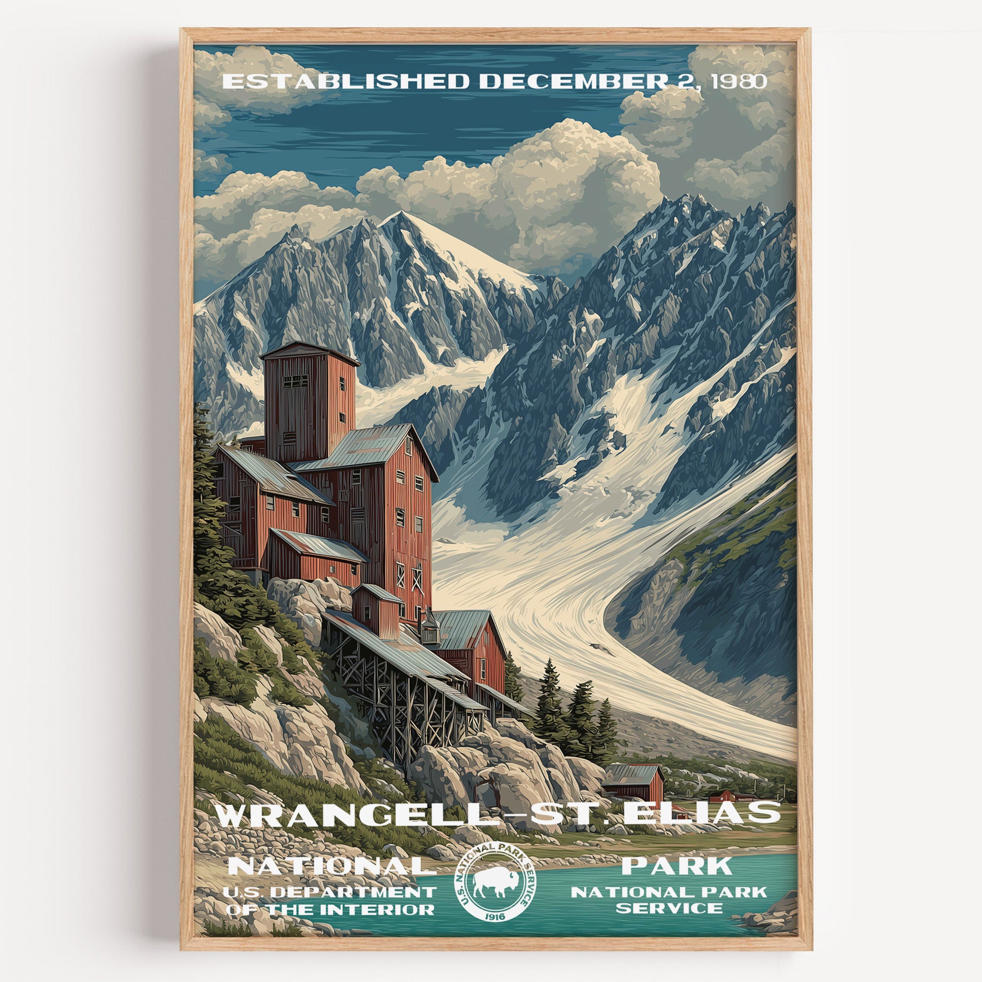 Wrangell–St. Elias National Park vintage travel poster in a wood frame, the red Kennecott mill building below immense snowy