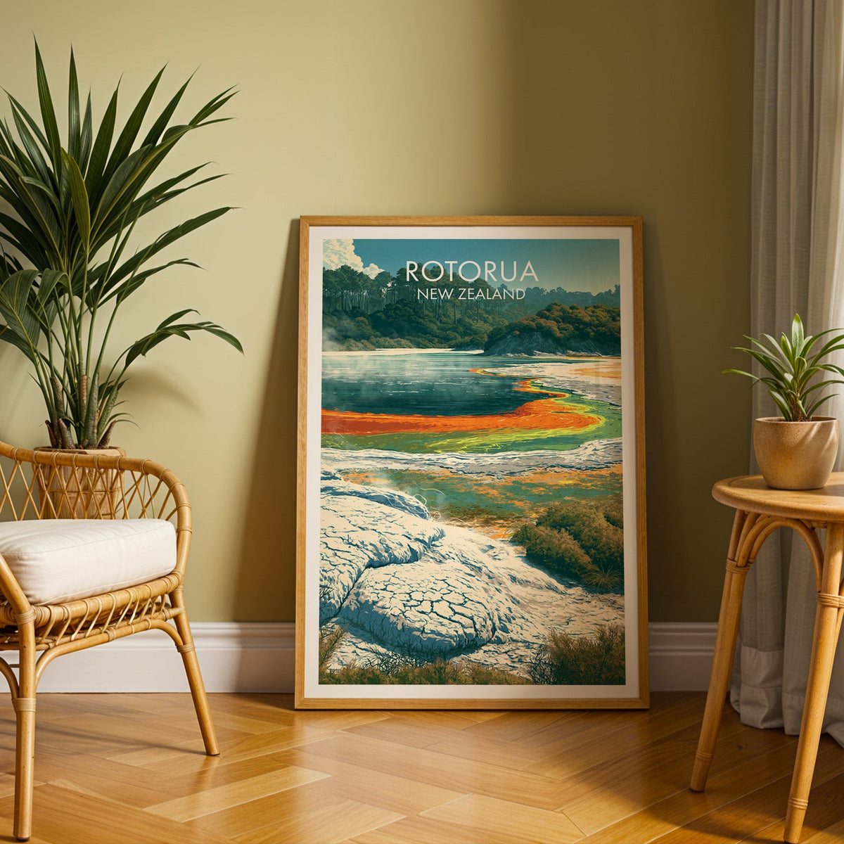 Steaming Rotorua pool print in an oak frame on herringbone parquet with a rattan chair and olive wall