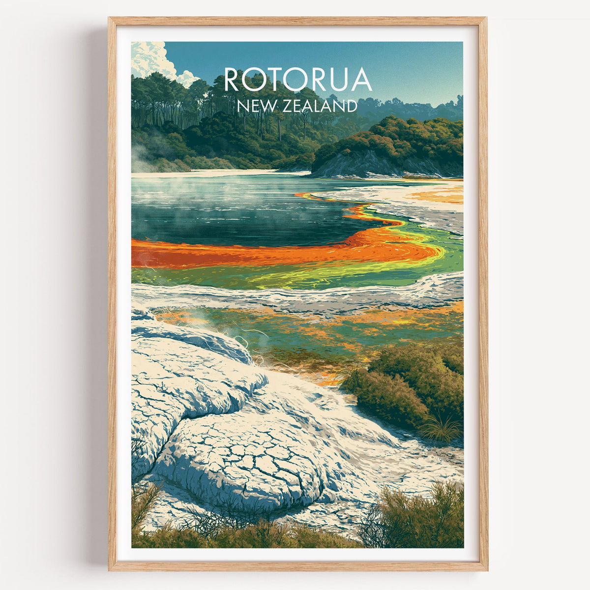 Wai-O-Tapu thermal pool print in a light oak frame on a plain white wall