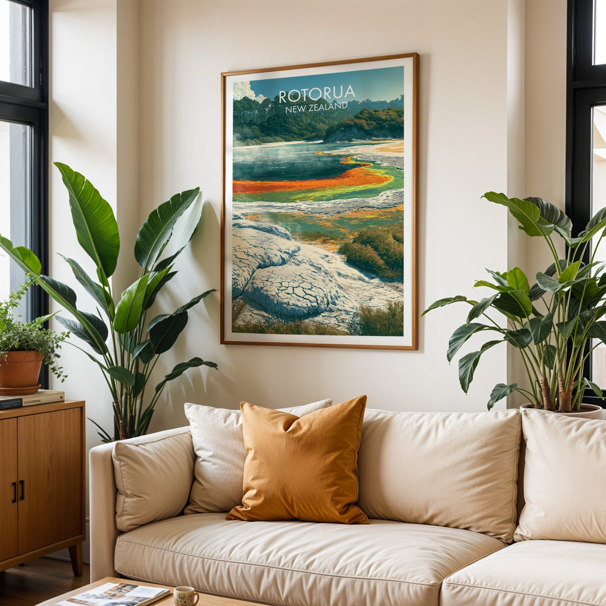 Geothermal terrace poster in an oak frame above a cream sofa with a burnt-orange cushion and plants