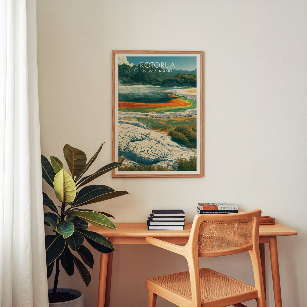 Thermal wonderland wall art in an oak frame above a home-office desk with a cane chair and plant