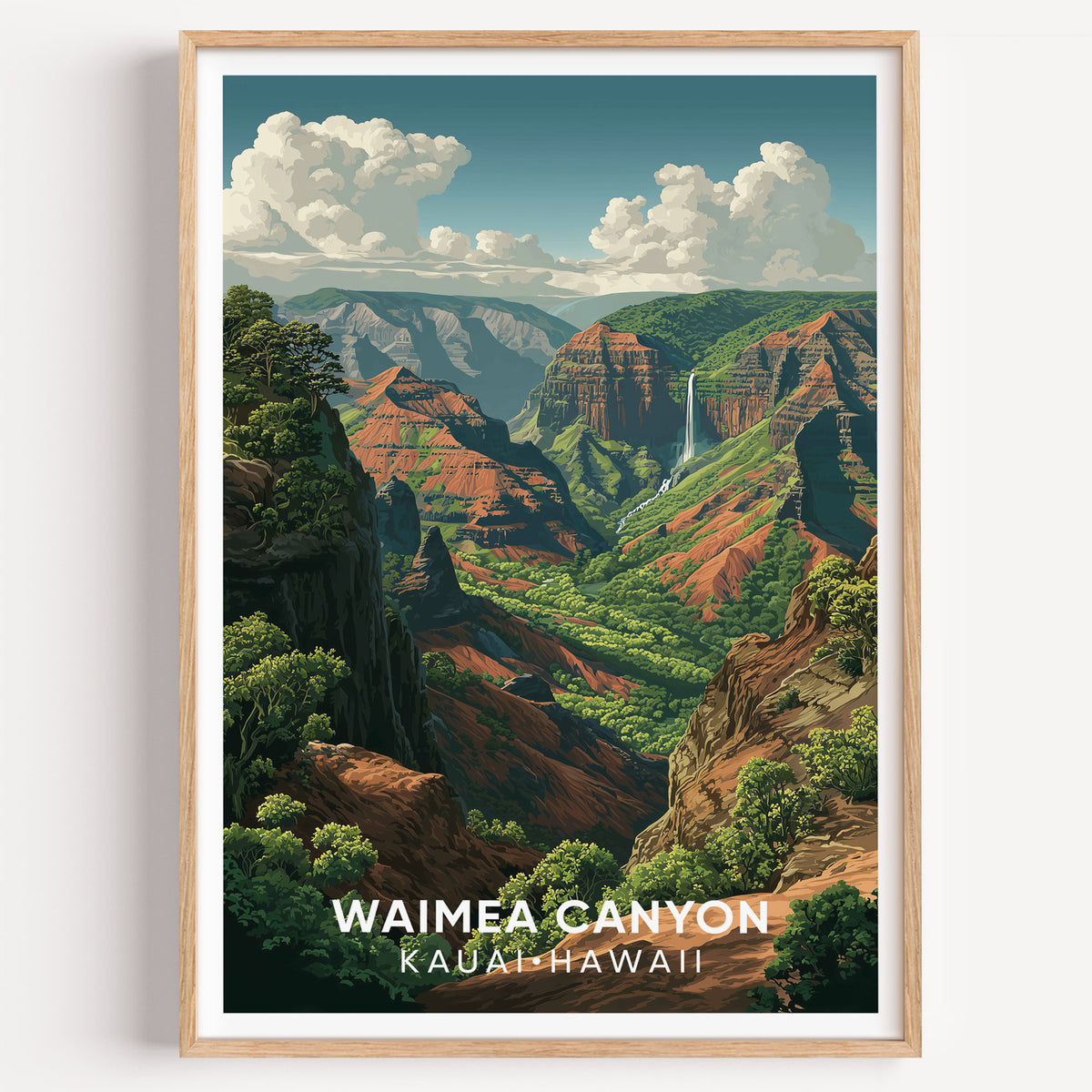 Waimea Canyon illustrated print in an oak frame on a plain white wall, shot square to the camera