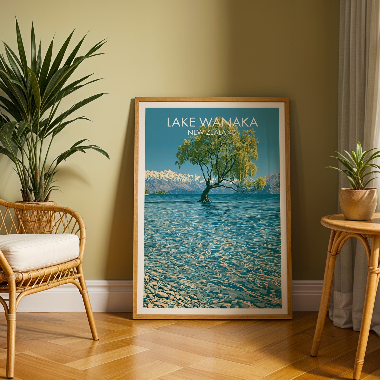 Willow tree lake poster in an oak frame on herringbone parquet, olive wall, rattan chair with cushion
