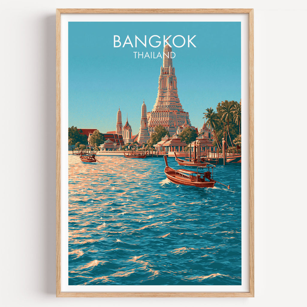 Wat Arun Bangkok Thailand travel poster in a natural wood frame, shown against a clean white wall