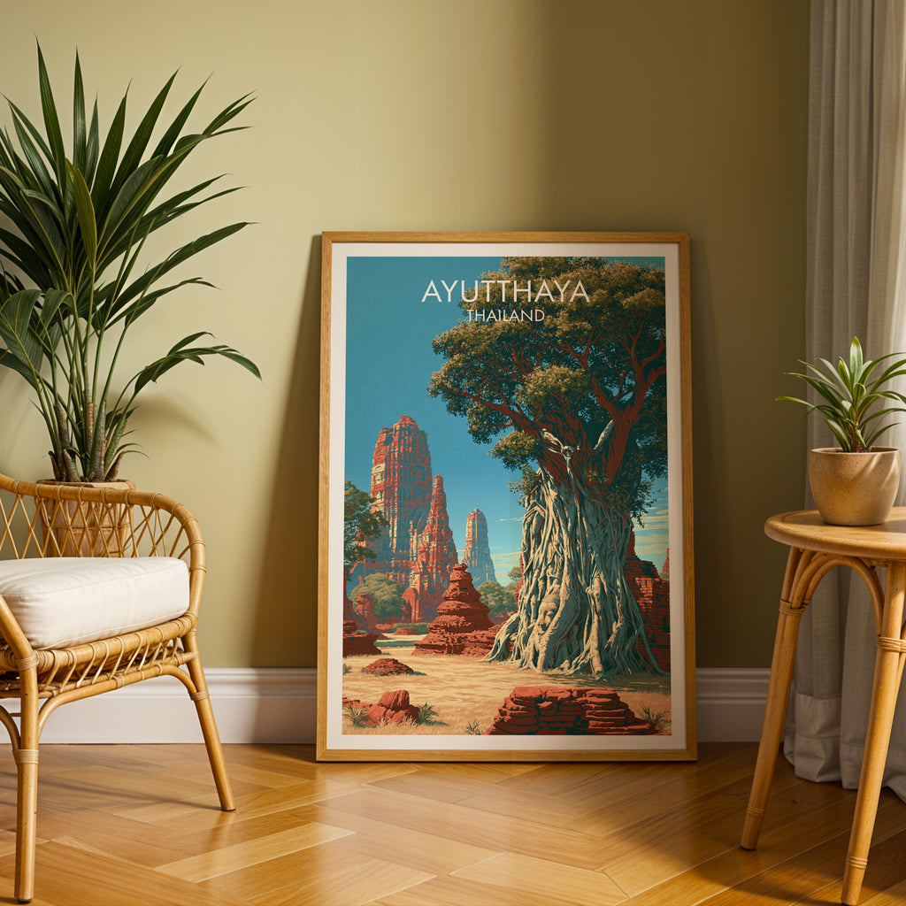 Large Wat Mahathat Ayutthaya Thailand travel print in an oak frame leaning on a herringbone floor next to a rattan chair
