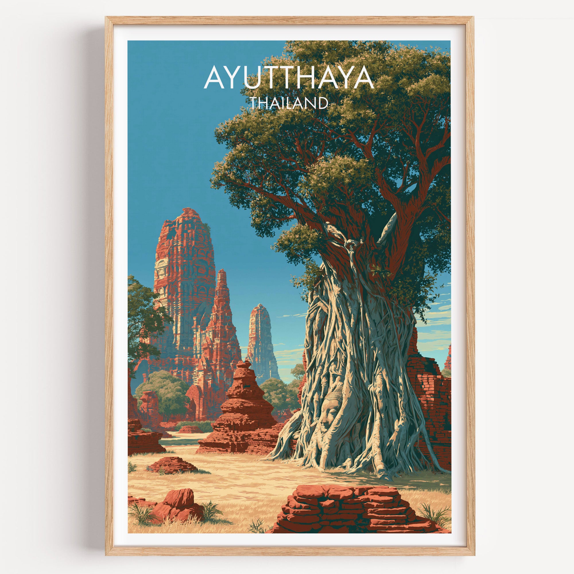 Wat Mahathat Ayutthaya Thailand travel poster in a natural wood frame, shown against a clean white wall