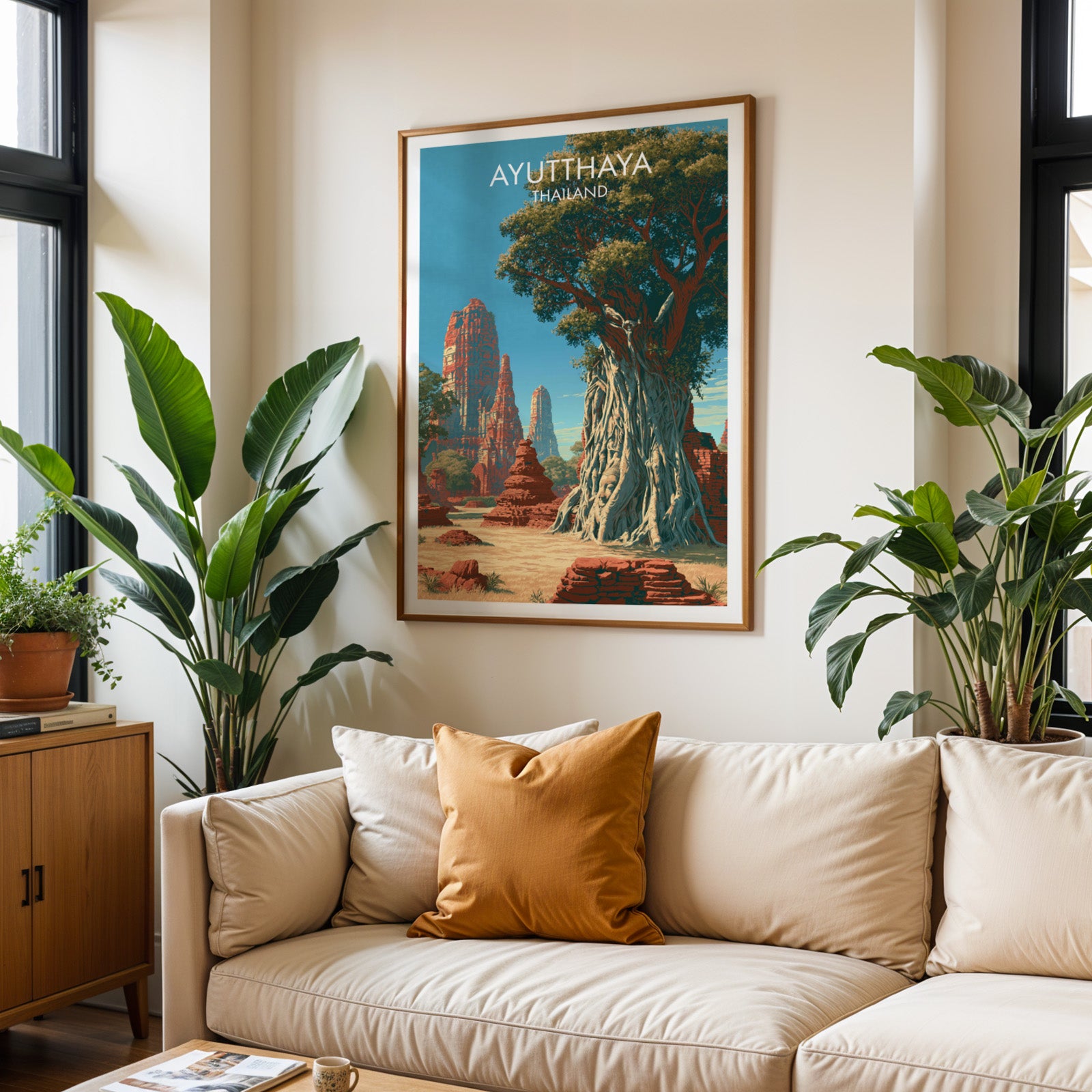 Framed Wat Mahathat Ayutthaya Thailand wall art hanging above a cream sofa in a bright living room with tropical plants