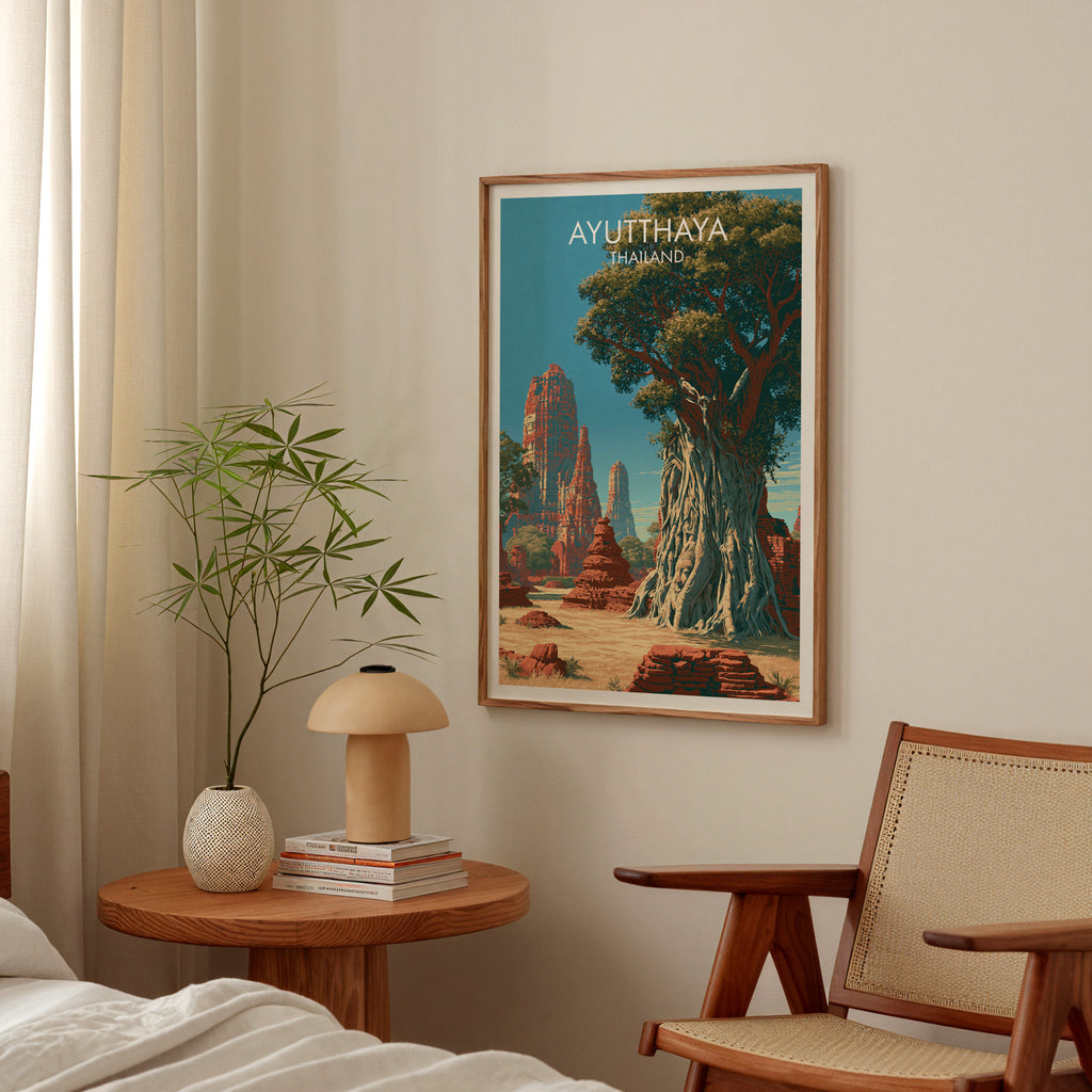 Wat Mahathat Ayutthaya Thailand poster above a bedroom nightstand with a bamboo plant and mushroom lamp