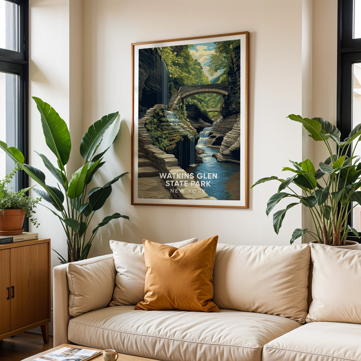 Watkins Glen canvas over a cream sofa with clay cushions and two big tropical plants