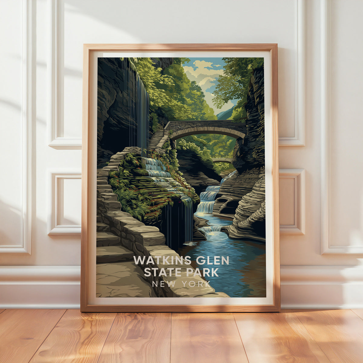 Watkins Glen print in oak leaning on white panelling with sunlight on the floorboards