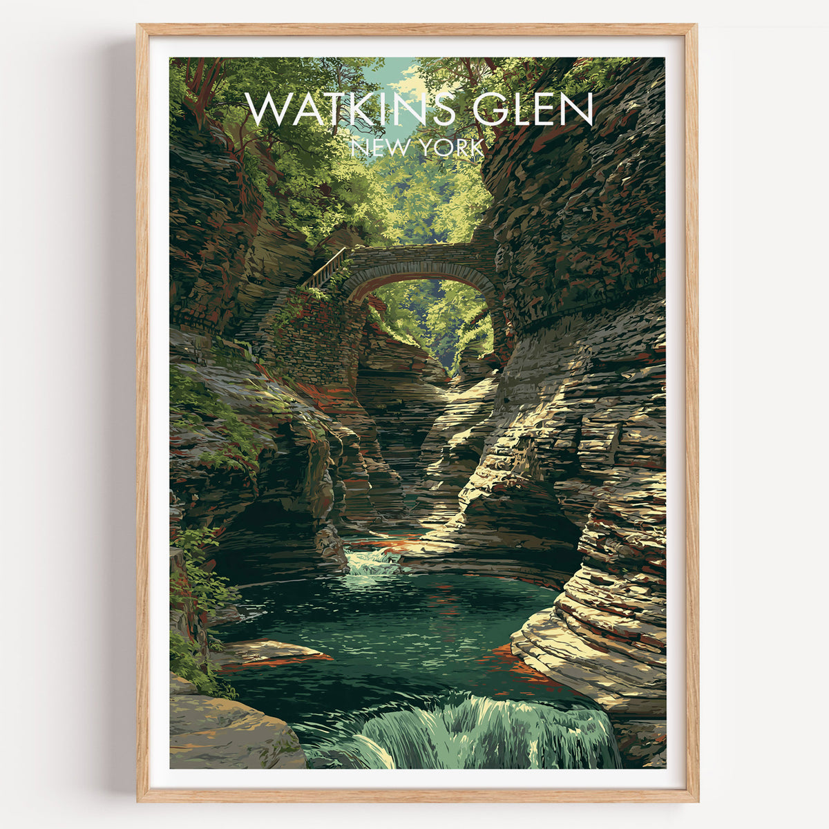 Watkins Glen State Park travel poster in a light oak frame on a plain white wall, straight-on with a soft shadow.