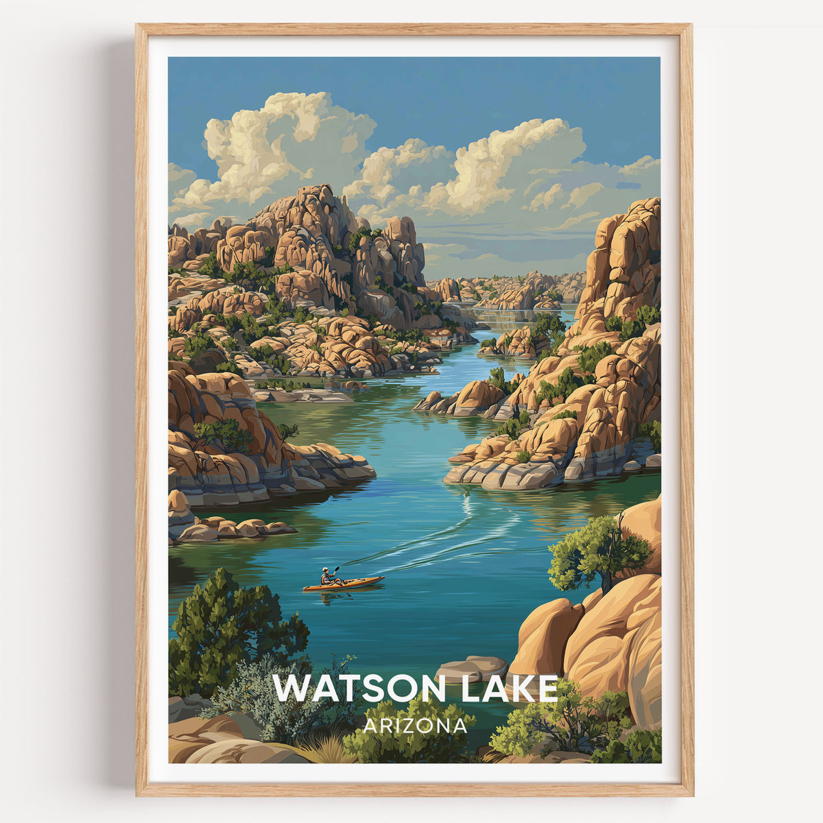 Watson Lake travel poster framed in oak on a plain white wall, photographed dead centre