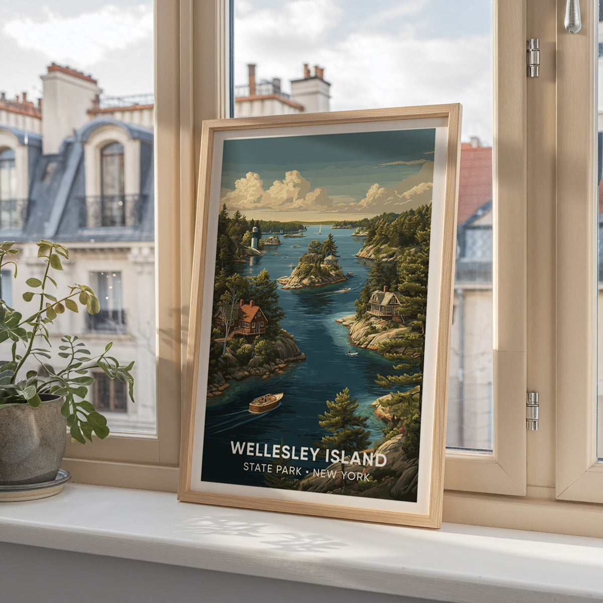 Wellesley Island poster in oak on a windowsill with Paris mansard rooftops beyond and a small plant