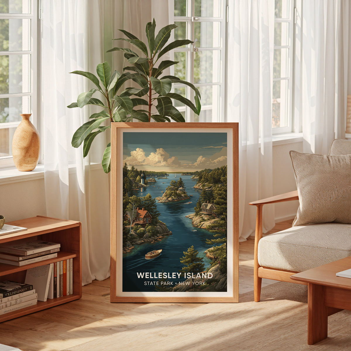 New York island park poster leaning by a curtained window with a tall plant and a low bookshelf