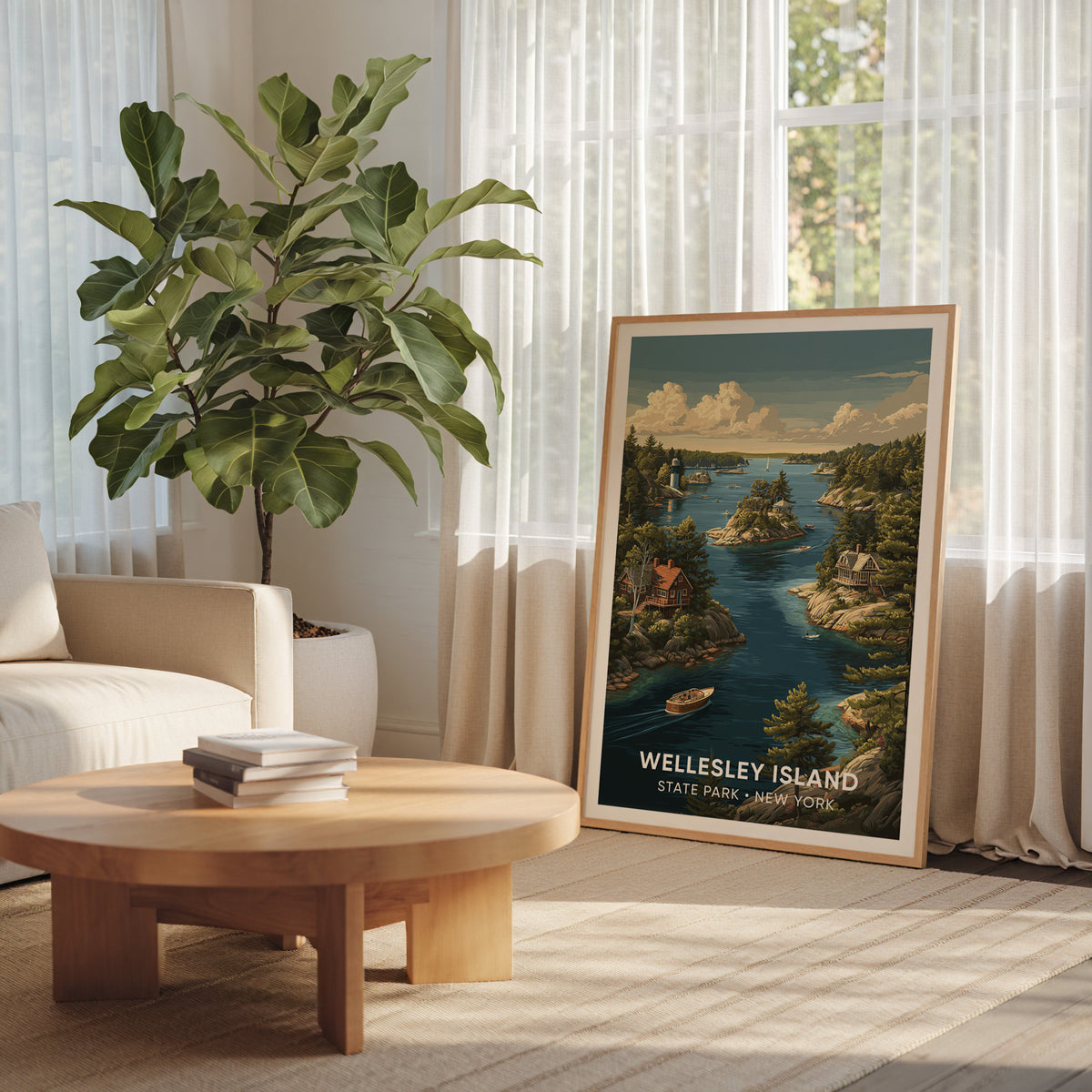Wellesley Island wall art in oak beside a voile-curtained window with a fiddle-leaf fig and low table