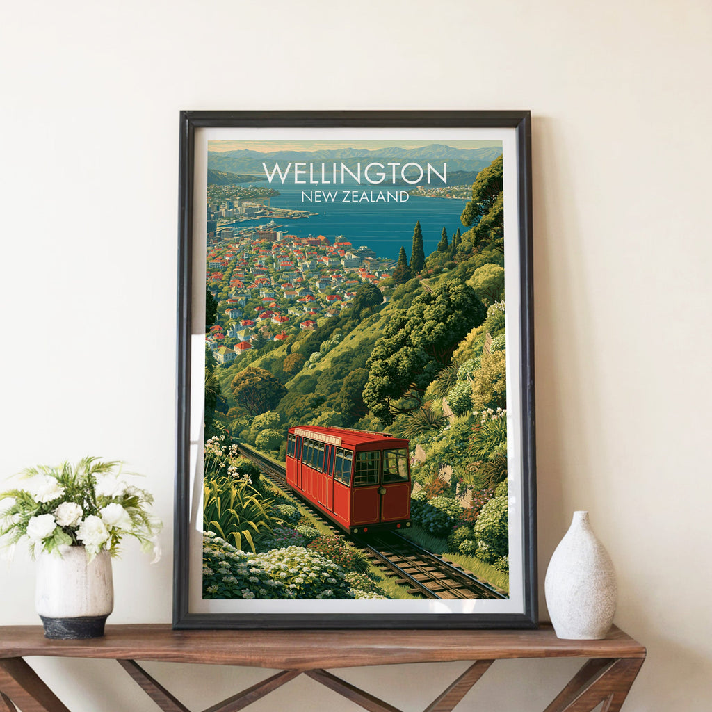 Wellington hillside poster in a black frame on a walnut console with white peonies and a stone vase