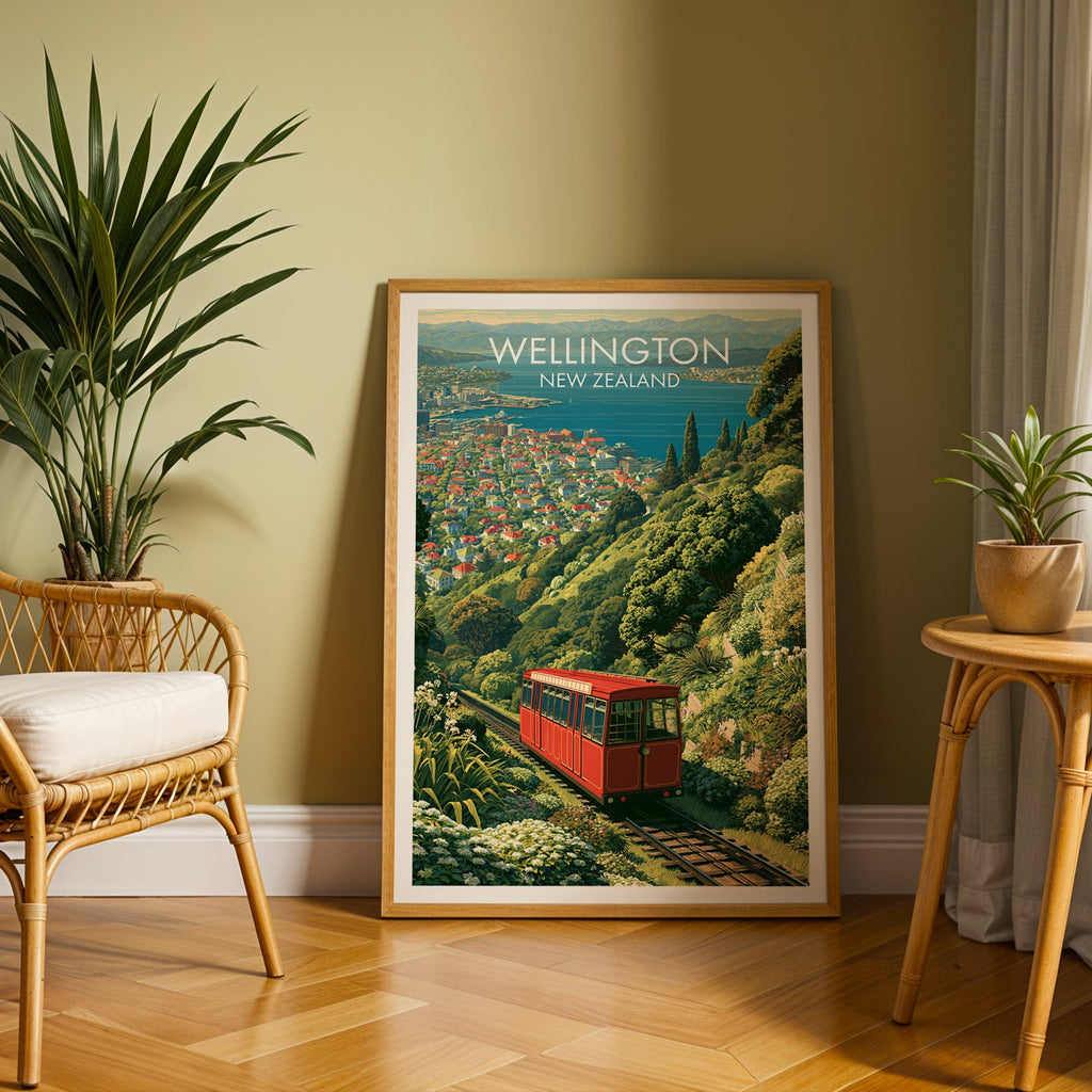 Green bush and cable car print in an oak frame on herringbone parquet with a rattan chair