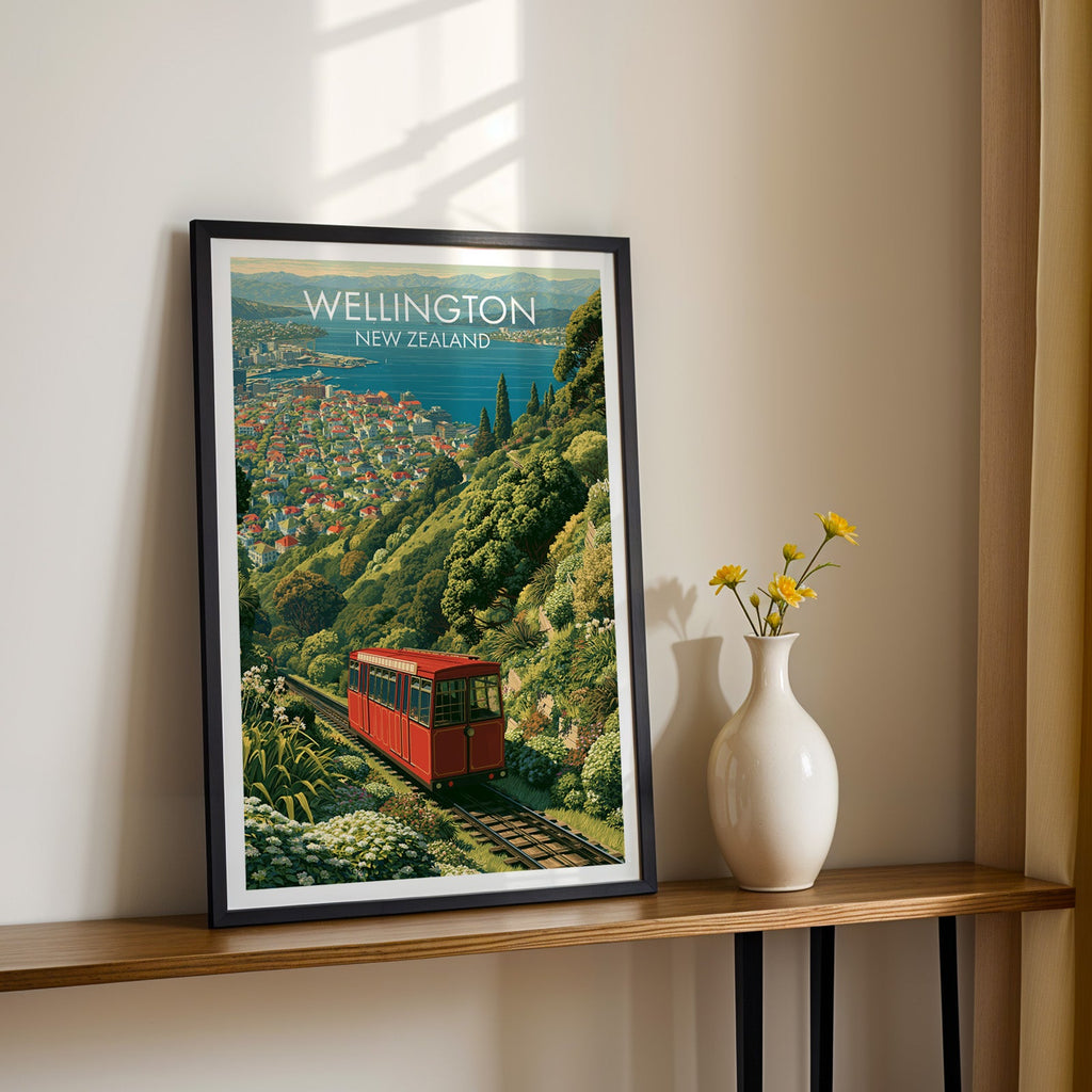 Red cable car print in a black frame on a wood shelf with yellow daisies against a sunlit cream wall