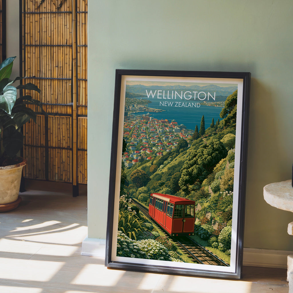Wellington harbour artwork in a black frame on pale wood floor by a sage-green wall and bamboo screen