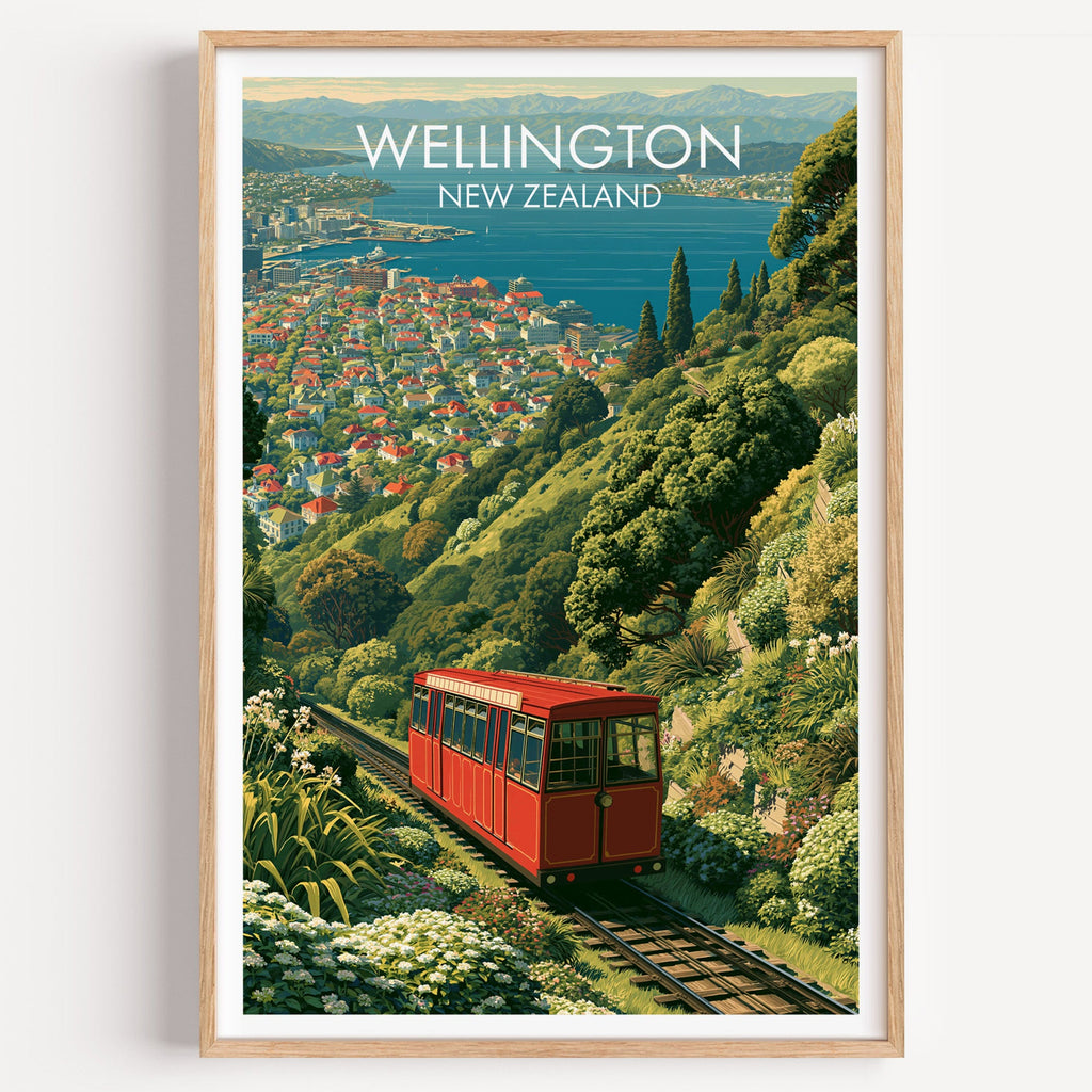 Wellington cable car travel print in a light oak frame on a plain white wall