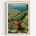 Wellington cable car travel print in a light oak frame on a plain white wall