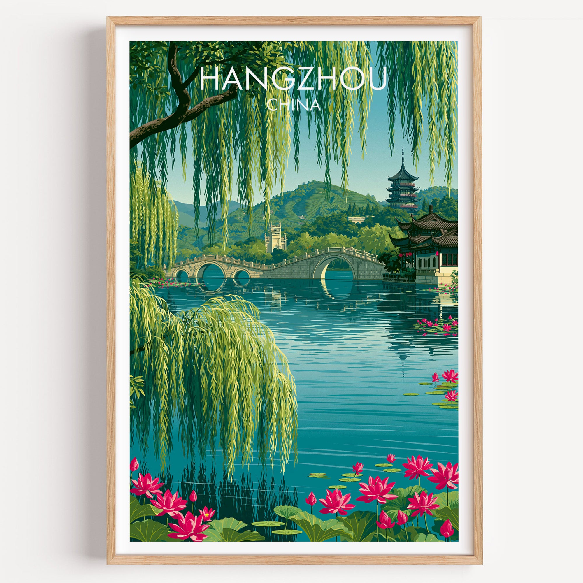 West Lake Hangzhou China travel poster in a natural wood frame, shown against a clean white wall