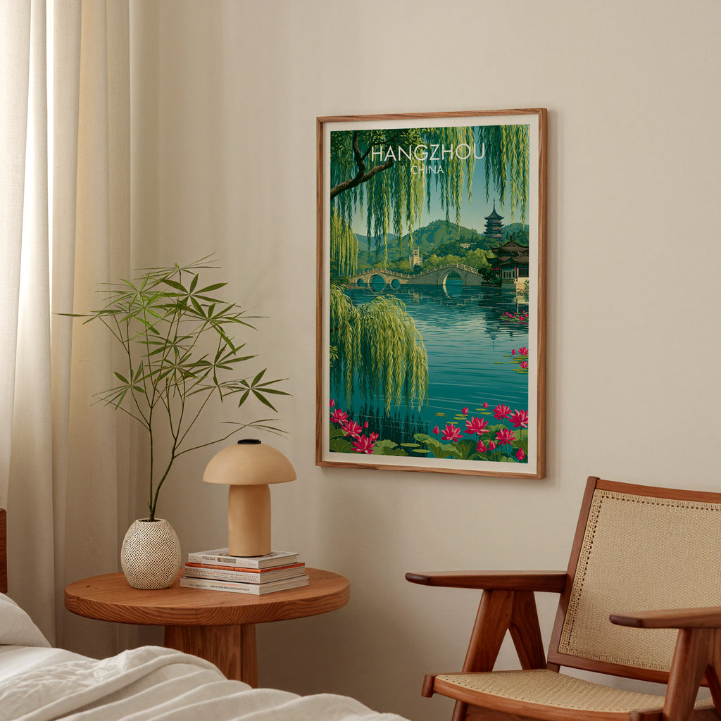 West Lake Hangzhou China poster above a bedroom nightstand with a bamboo plant and mushroom lamp