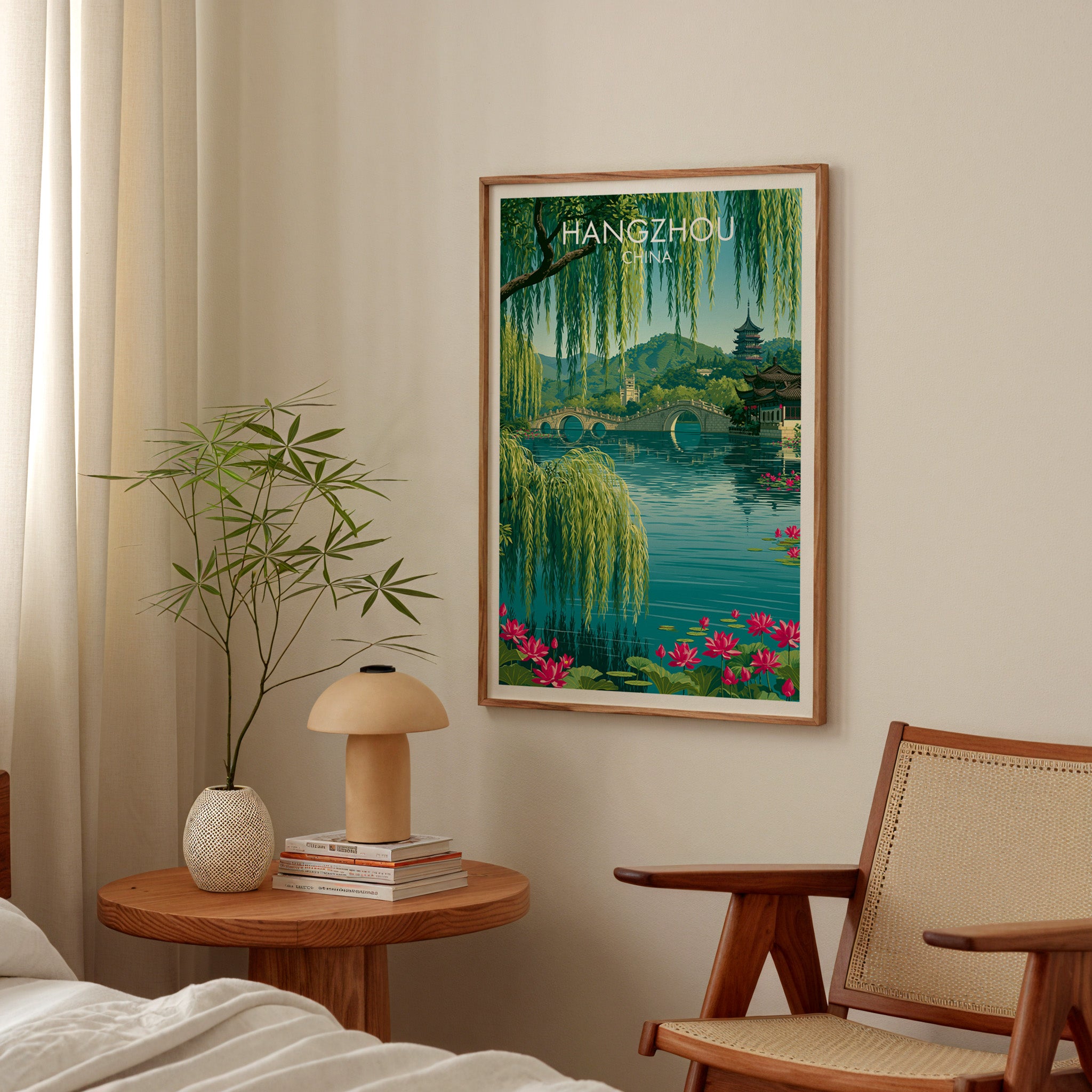 West Lake Hangzhou China poster above a bedroom nightstand with a bamboo plant and mushroom lamp