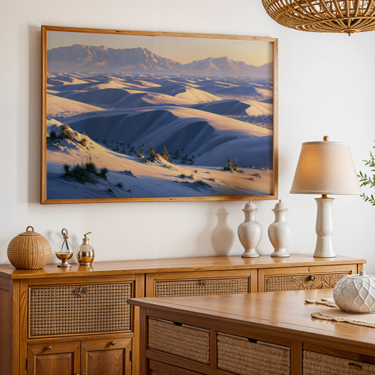 White Sands National Park classical oil painting above an oak and rattan sideboard