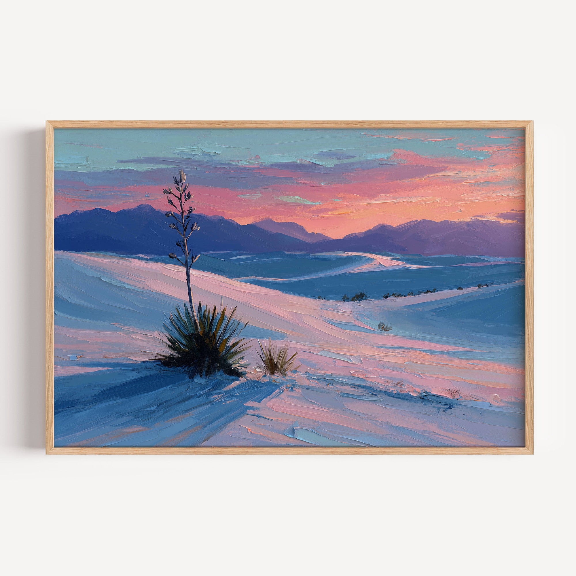 White Sands National Park oil painting print in an oak frame: white dunes at pink sunset