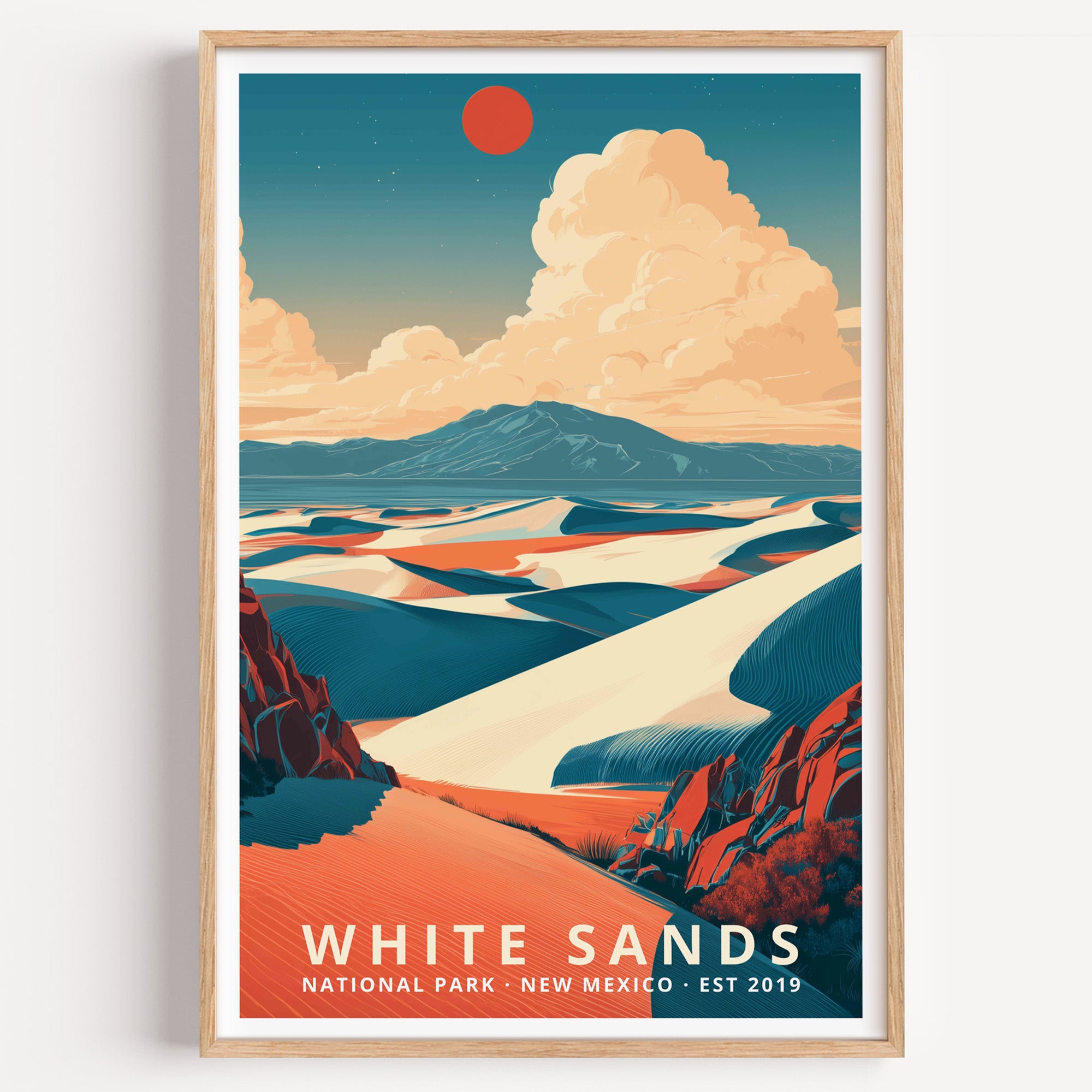 White Sands National Park retro travel poster — white gypsum dunes rippling toward blue mountains under a red sun, New Mexico